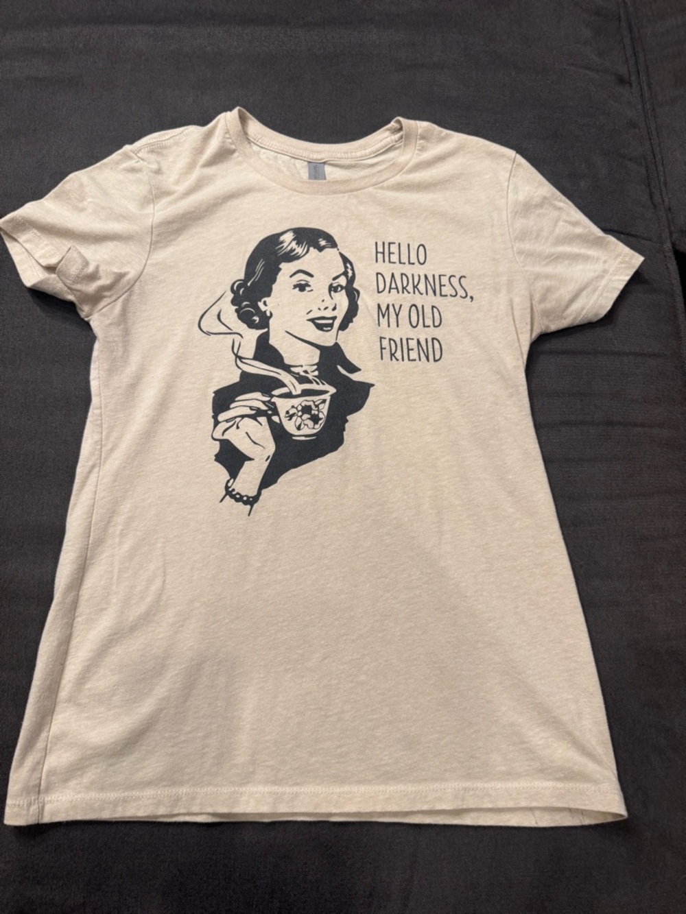 Vintage-style Graphic Tee - "Hello Darkness, My Old Friend" in Cream and Black